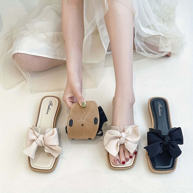 Stylish 2024 Women's Slide Sandals with Bow - Casual Open-Toe, Thick Sole PVC Slippers in Black & Beige - Fashionable Beach Sandals for Any Season.