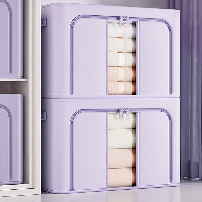 1pc Foldable Large Capacity Storage Box made of Oxford Fabric with Transparent Window, Zipper Closure, Lavender Color, for Home Closet Organization.