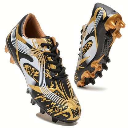 Youth soccer cleats with striped pattern, breathable synthetic upper, and rubber sole for all-season outdoor athletic activities.