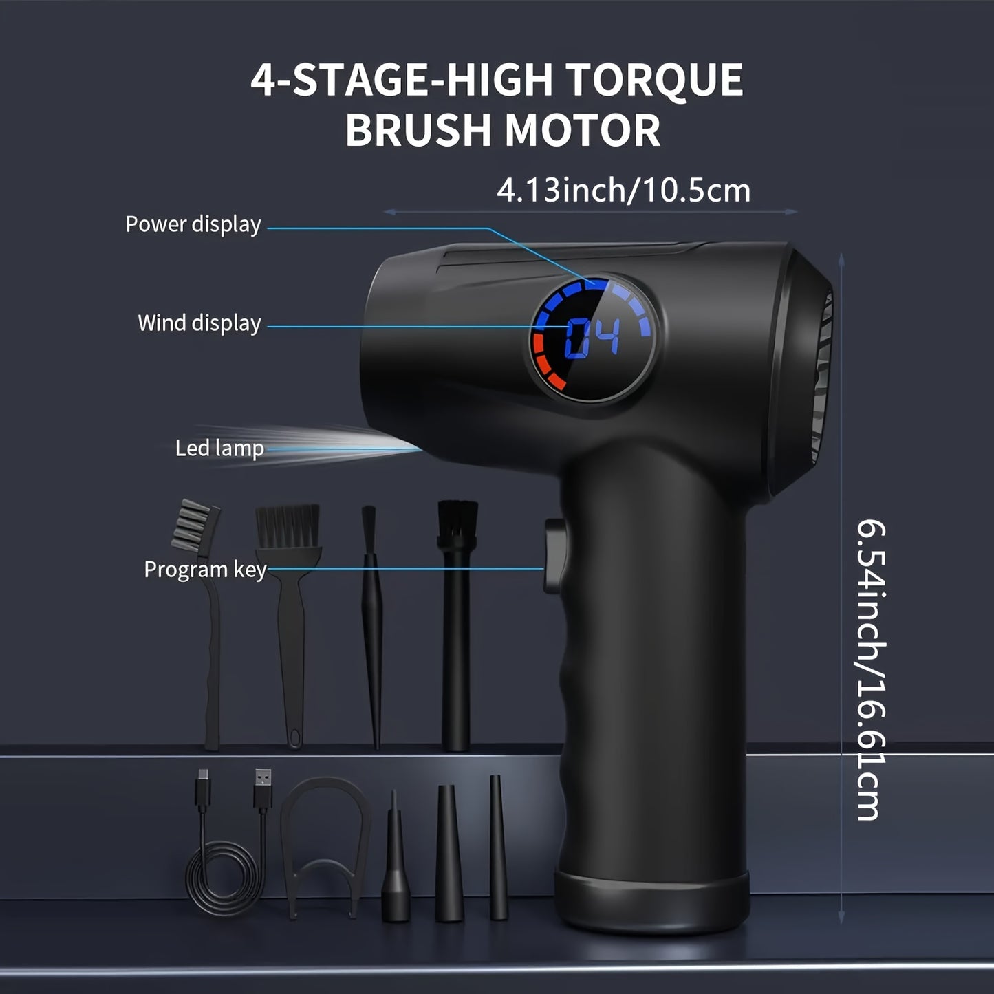 Cordless compressed air duster with 4 nozzles, LED light, 51000 RPM, 4-speed adjustable electric blower, fast charging, portable cleaner for computers, keyboards, electronics, and more.