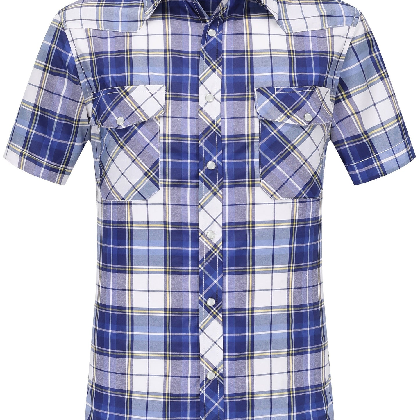 Men's Summer Casual Plaid Shirt, 94% Polyester 6% Cotton, Short Sleeve, Skinny Fit, Lapel Collar, Single Breasted, 2 Pockets with Pen Holder, Lightweight Fabric, Pearl Snap Buttons, Regular