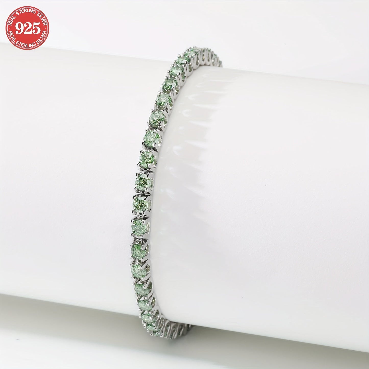 Vintage style 925 sterling silver tennis bracelet with green round Moissanite stones, white golden plated. November birthstone. Perfect for daily wear, vacation, Halloween, and special occasions. Gift box included.