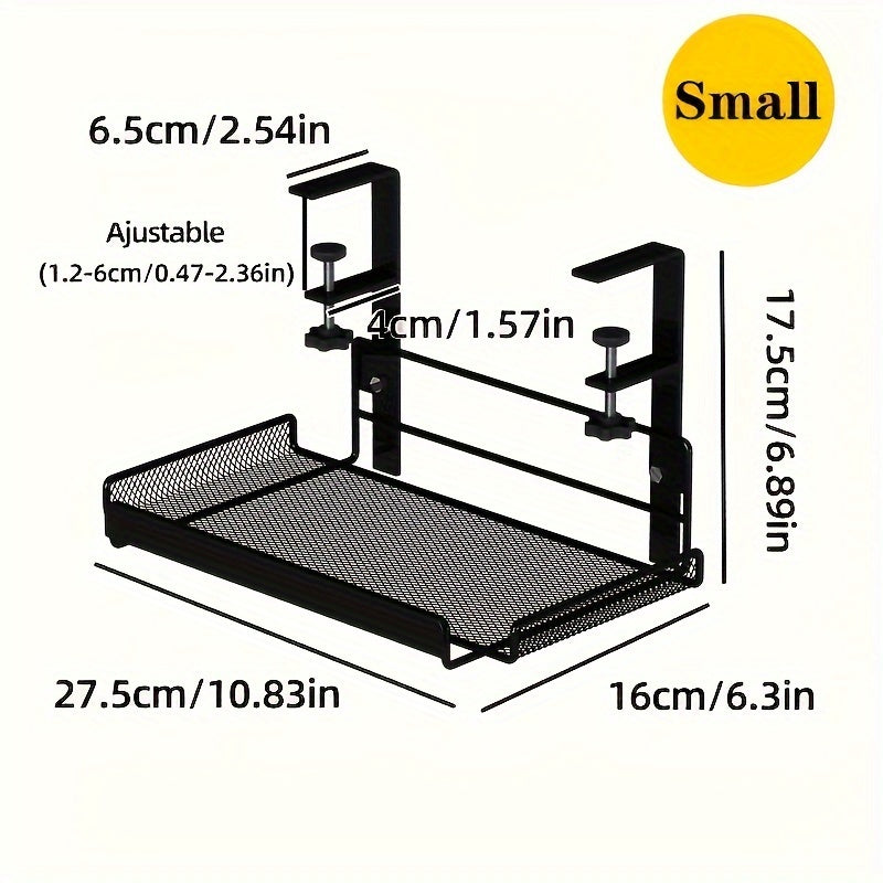 1pc Black under-desk cable management tray made of paint-finished iron wire for office desks without drilling needed.