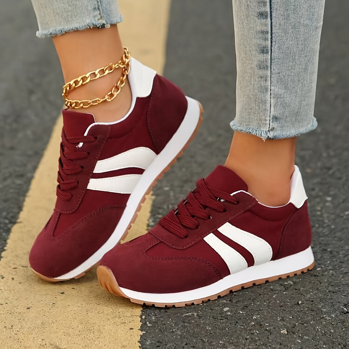 Women's wine red sneakers with soft soles, non-slip, lace-up, and round toes - perfect for students.