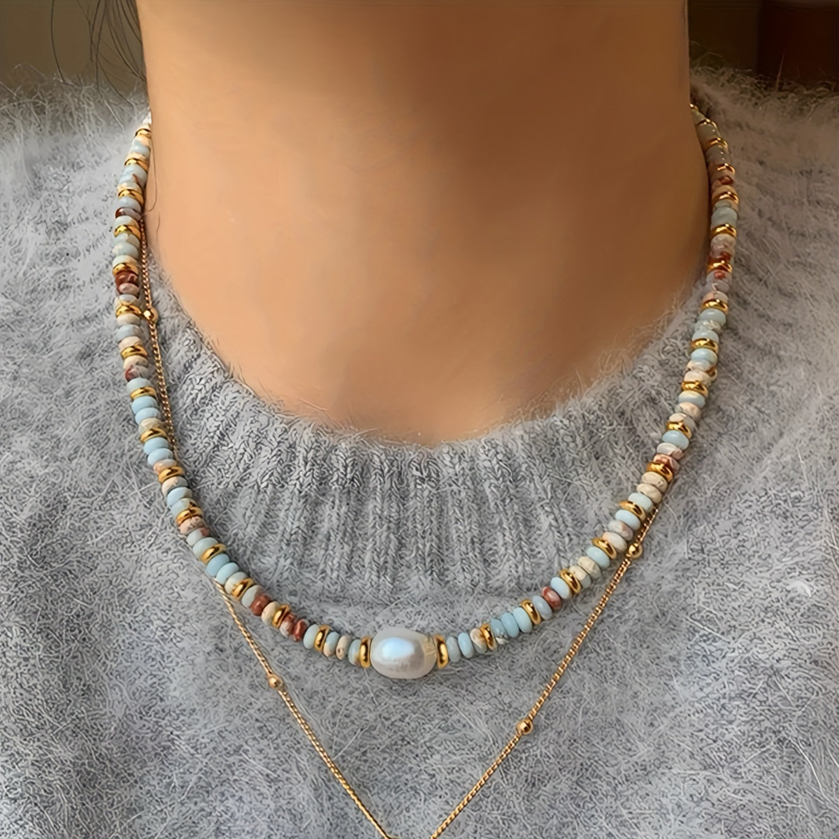 Luxurious Colorful Natural Stone Beaded Necklace with Elegant Freshwater Pearl Decoration, Handcrafted Mother's Day Gift, Boho Vacation Collar Chain.