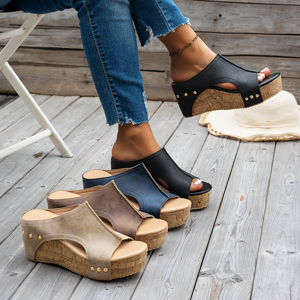 Women's stylish wedge sandals with metallic buckle straps in black, navy blue, and brownish-gold tones. Comfortable and fashionable.