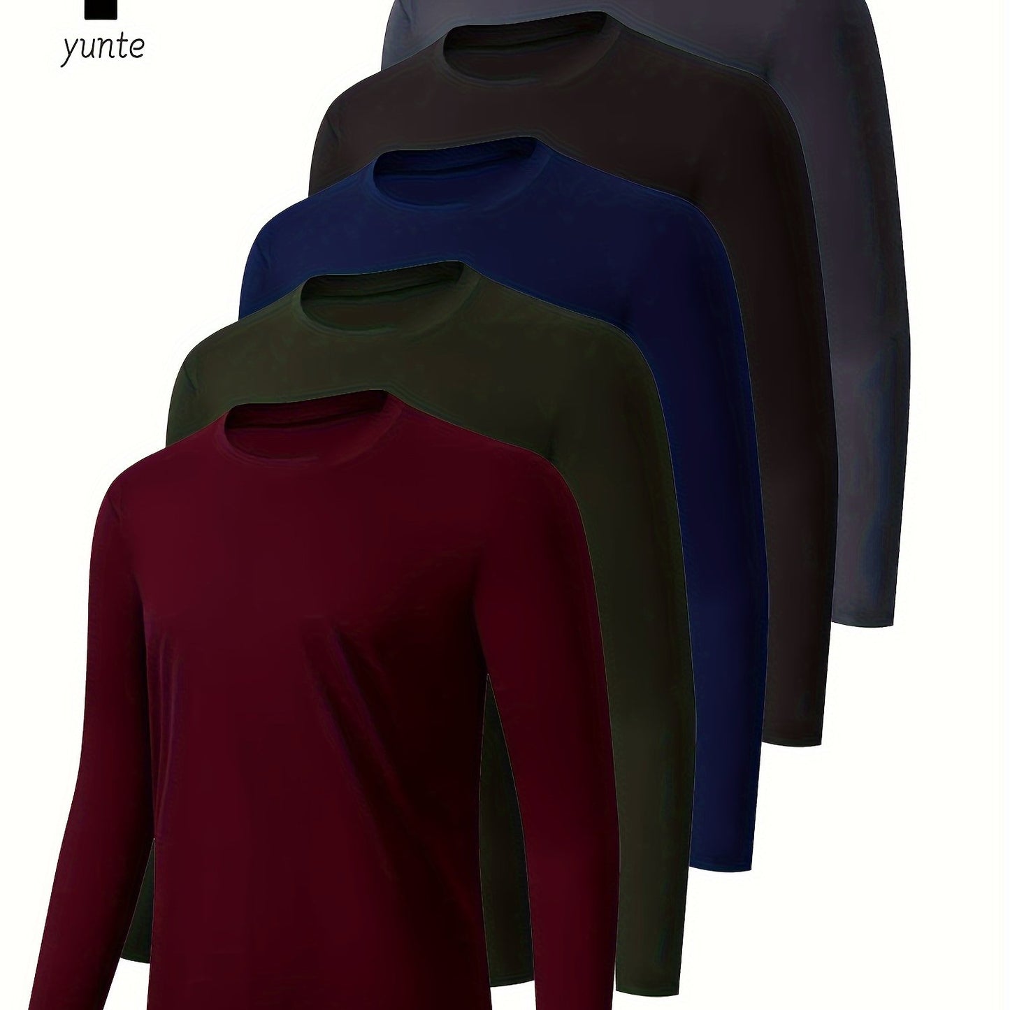 5-Pack Men's Athletic Long Sleeve Crew Neck Shirts in Deep Red, Military Green, Navy, Black, and Grey. Made of Quick-Dry Polyester Knit Fabric for Running, Workout, and Dining. Regular Fit