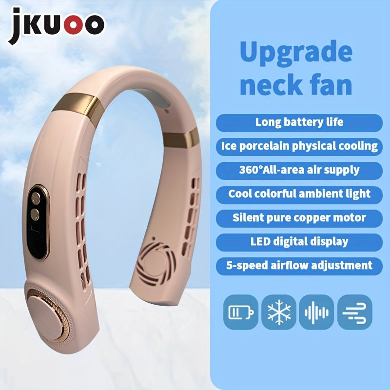 Stay cool and comfortable on-the-go with the 1pc JKUOO Portable Neck Fan. This innovative device features a 5-speed adjustable display, USB rechargeable lithium battery, and quiet operation. Perfect for use during sports, travel, and summer activities