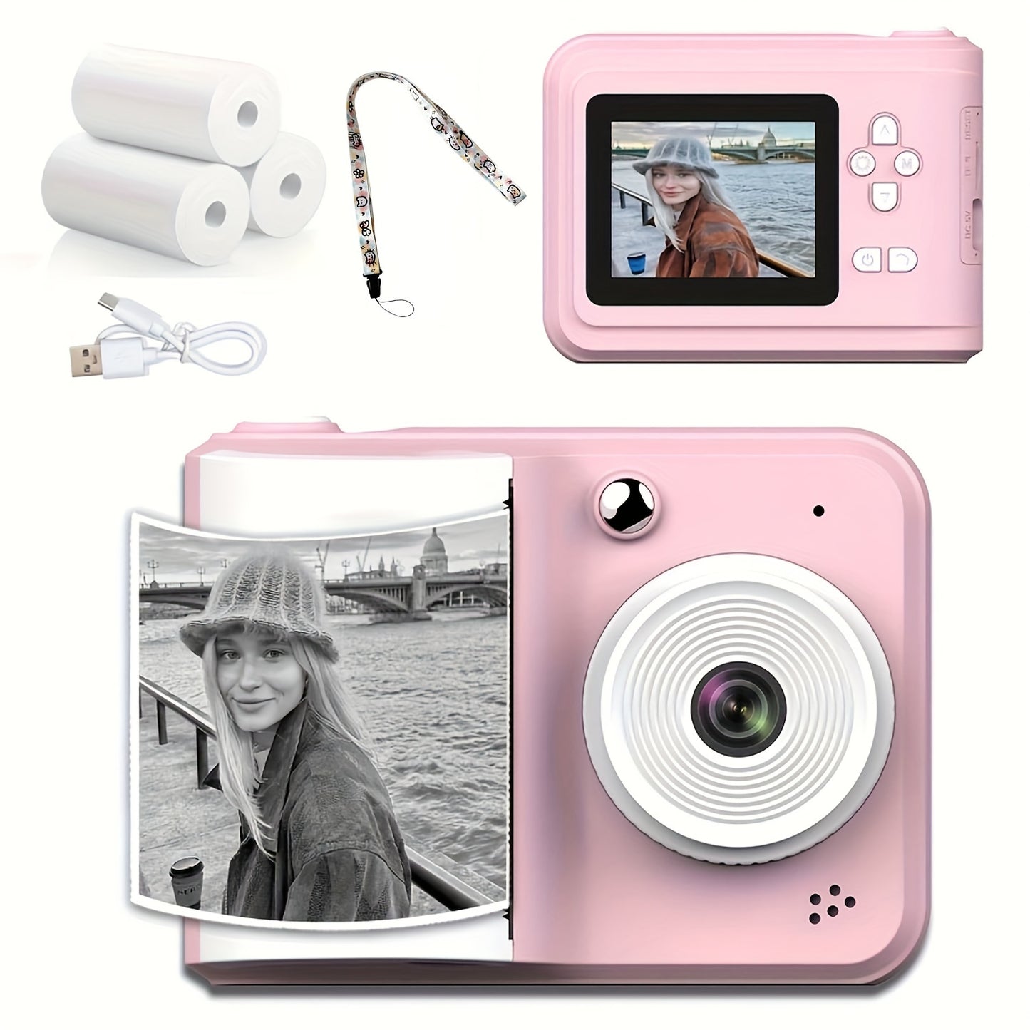 USB-powered instant print camera with rechargeable battery and compact design, includes 2 paper rolls - great for gifts, study notes, and holidays - made of plastic.