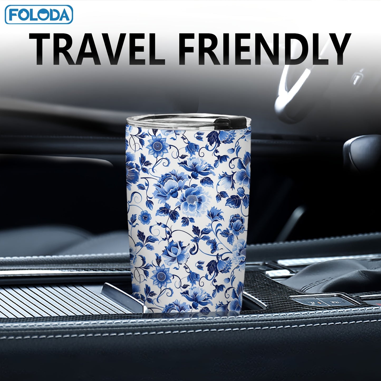 Foloda 20oz Blue Floral Stainless Steel Tumbler - Double-Wall Vacuum Insulated Travel Mug with Lid and Straw, Ideal Gift for Women - Hand Wash Only