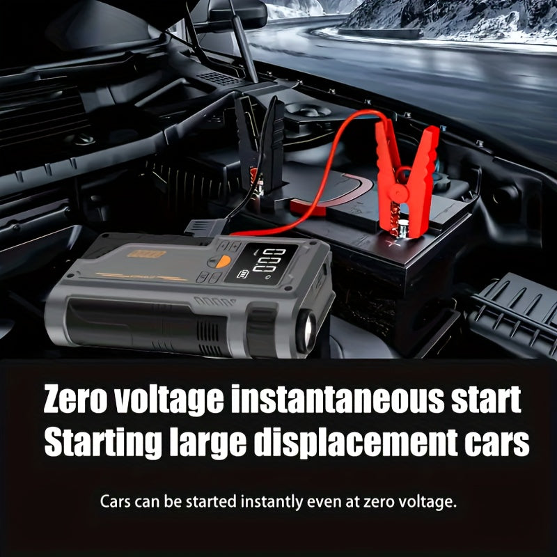 Portable car inflator pump with emergency night light and wireless power supply. Features 8000mAh lithium battery for tire inflation and emergency use.