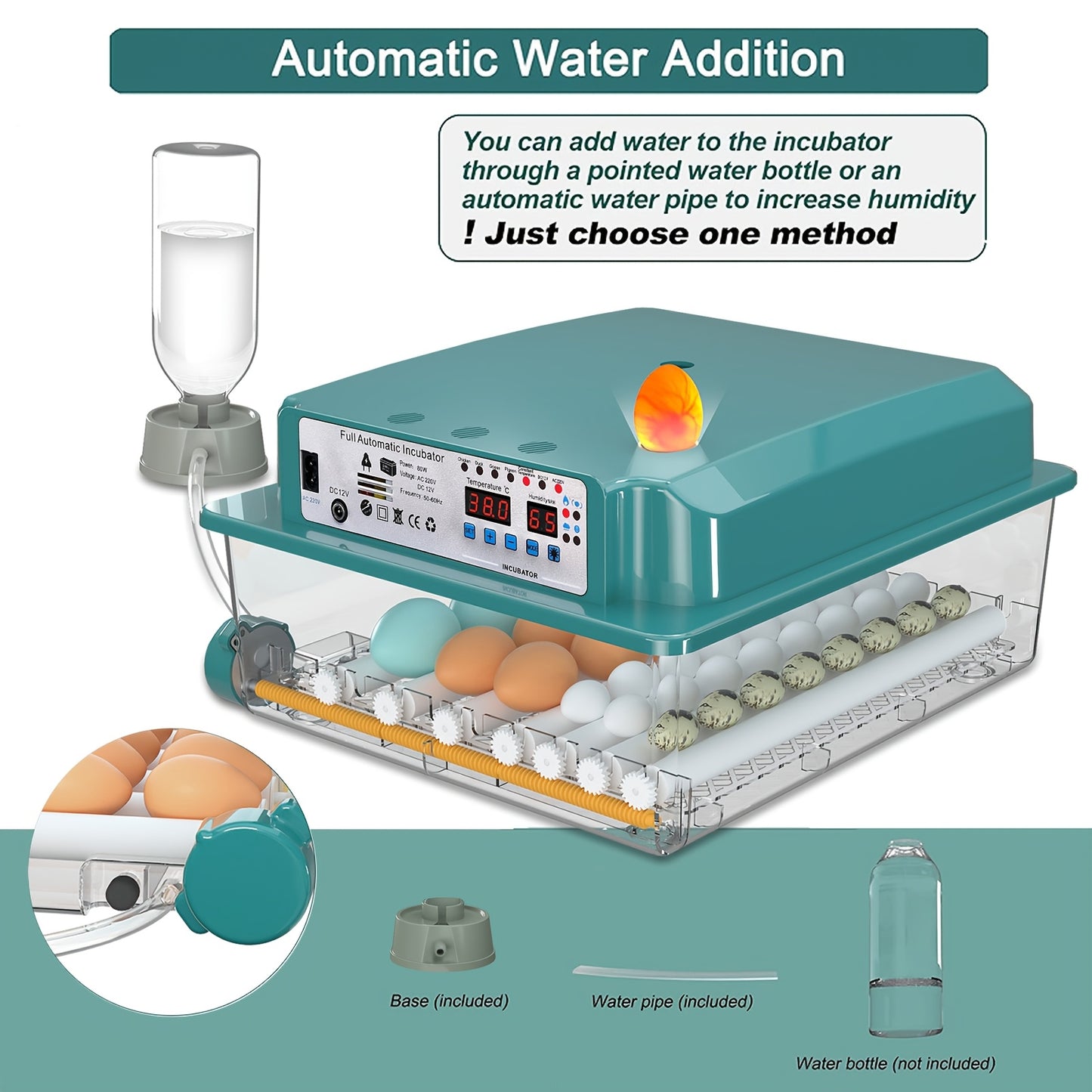 An intelligent automatic incubator can hatch 36 eggs simultaneously, with automatic water addition, temperature, and humidity control. It has one-button setting for incubation modes, smart