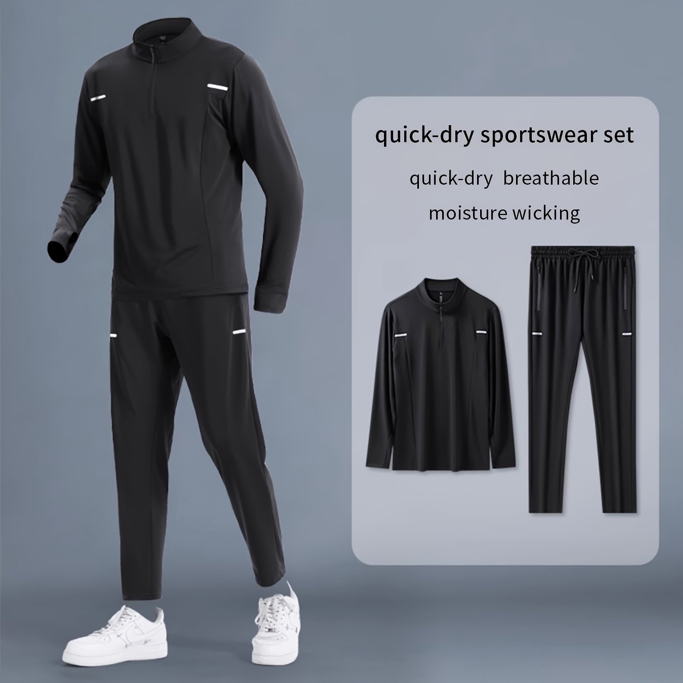 Men's Quick-Dry Athletic Set - Long sleeve zip-up jacket with stand collar, matching pants, striped detail, for running, cycling, and fitness, all seasons, breathable and moisture-wicking.