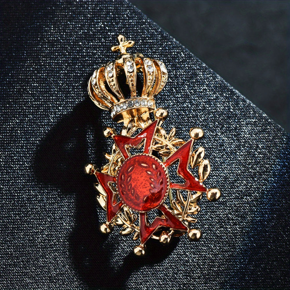 Vintage-inspired Cross-Shaped Brooch Pin with Rhinestone Crown and Red Enamel Medal - Gender-Neutral Alloy and Stone accessory for Office and Party wear - Perfect Gift option