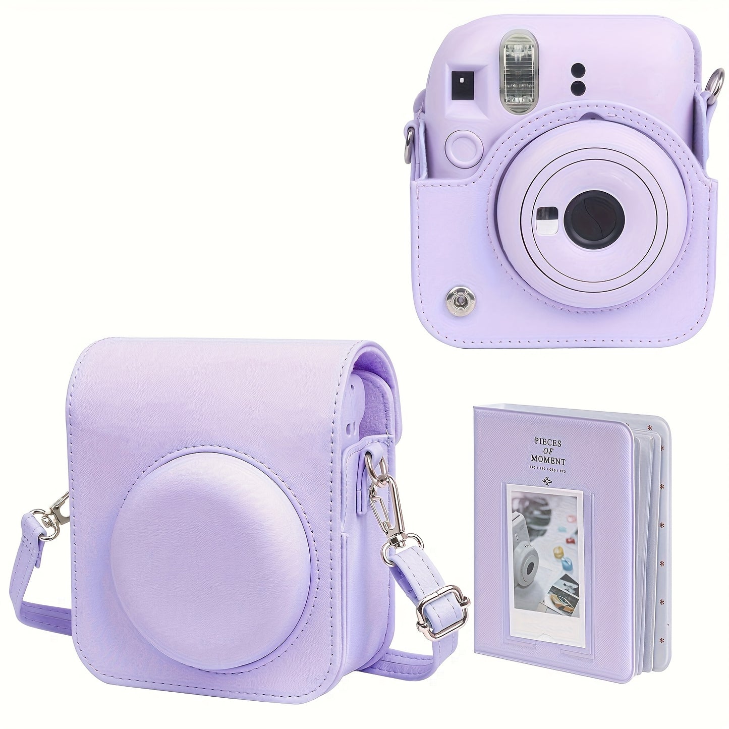 Protective faux leather case for Fujifilm Mini 12 camera with light-sensitive hole and lens compatibility. Durable accessory.