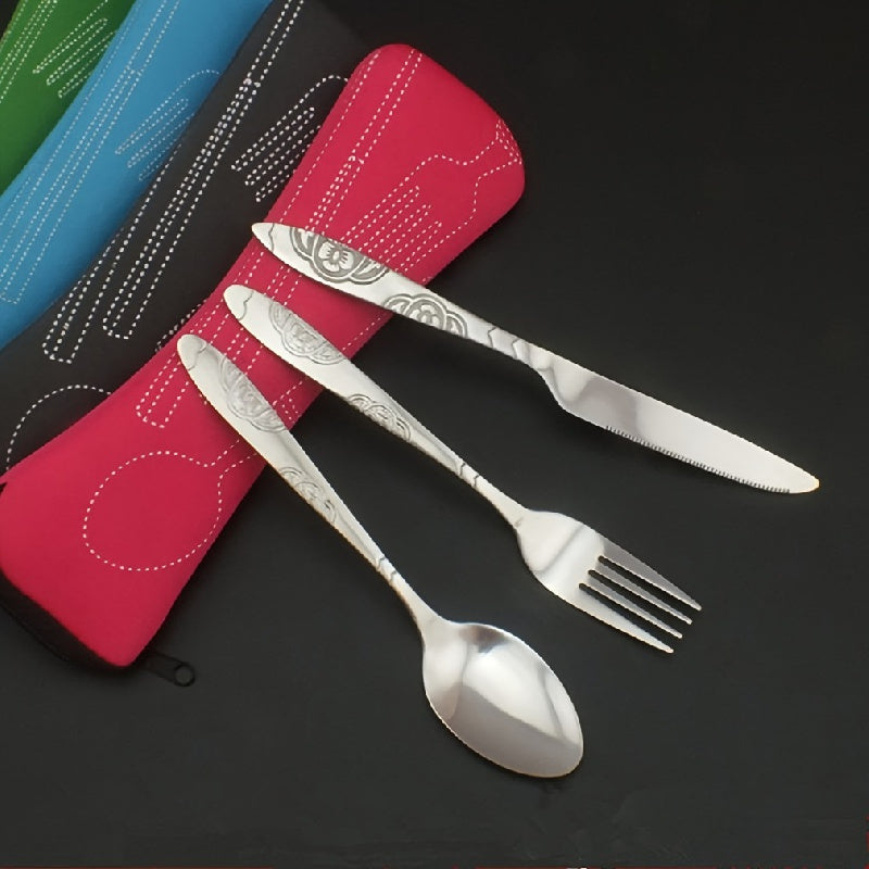 Premium stainless steel cutlery set includes knife, fork, spoon in chic case- perfect for camping and travel.