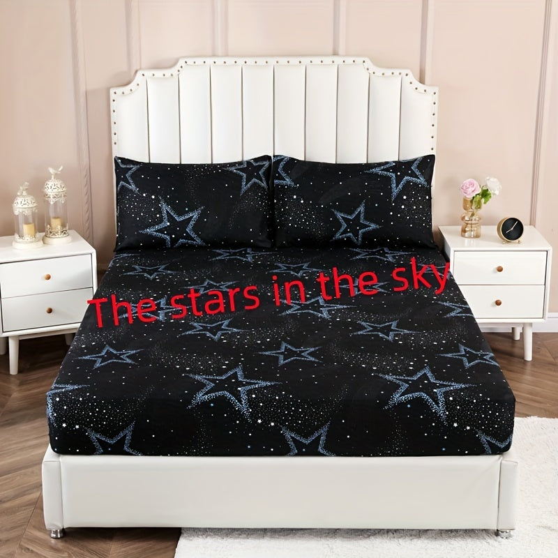 Transform your bedroom with the Starry Sky Bedding Set. This set includes a soft fitted sheet and two pillowcases, all made from durable polyester with a 80-85gsm twill weave. The flat print design adds a touch of style to your decor, while the 30-34cm