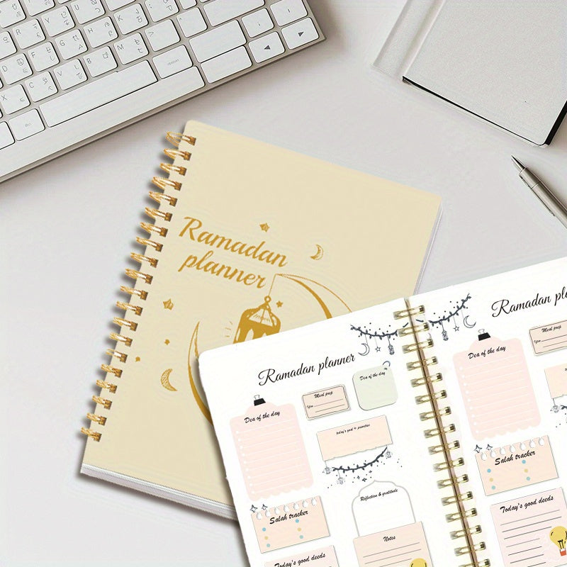 Ramadan planner notebook with crescent design, to-do list, and priorities, available in various sizes and quantities.