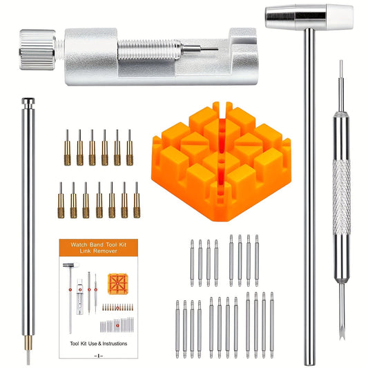 Watch Link Removal Tool Set with User Manual - 39 pieces included. Perfect for adjusting, replacing, and resizing watch bracelets. Includes Watch Link Remover, 20 Spring Bars, and 13 Spare Needles. Great for gifting.