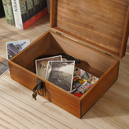 Handcrafted wooden storage box with lock for desk organization, not waterproof, suitable for cosmetics, sundries, and documents.