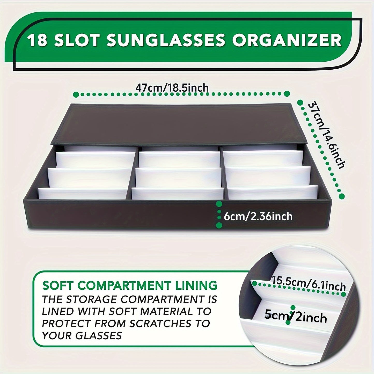 Upgraded 18-slot glasses organizer with clear lid, fabric lining, and snap close. Ideal for displaying glasses in stores.