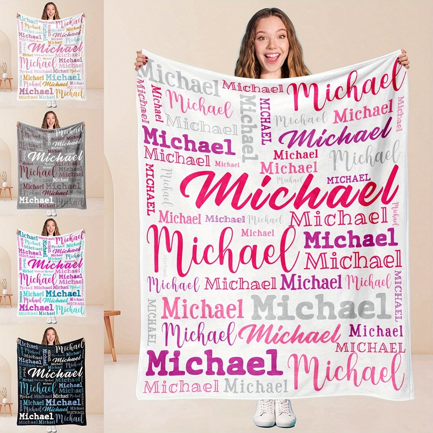 Personalized Big Name Blanket by QOGOER made from an ultra-soft 100% polyester flannel knit fabric, featuring high-quality digital printing in a mixed color design that is suitable for all seasons.