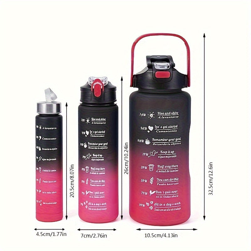 Set of 3 motivational water bottles (2000ml, 800ml, 300ml) with straw, sleeve. Ideal for outdoor activities and birthdays.