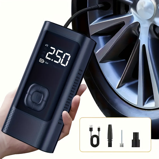 Rechargeable LED-lit tire inflator for cars, bikes, motorcycles, and sports balls. Perfect Father's Day gift.