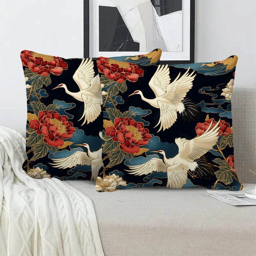 Elevate your home décor with this 2-pack of modern floral and cranes design short plush pillow covers, measuring 45.72x45.72 cm each. These zippered cushion cases are made from machine washable flannel fabric, perfect for all seasons. Add a touch of