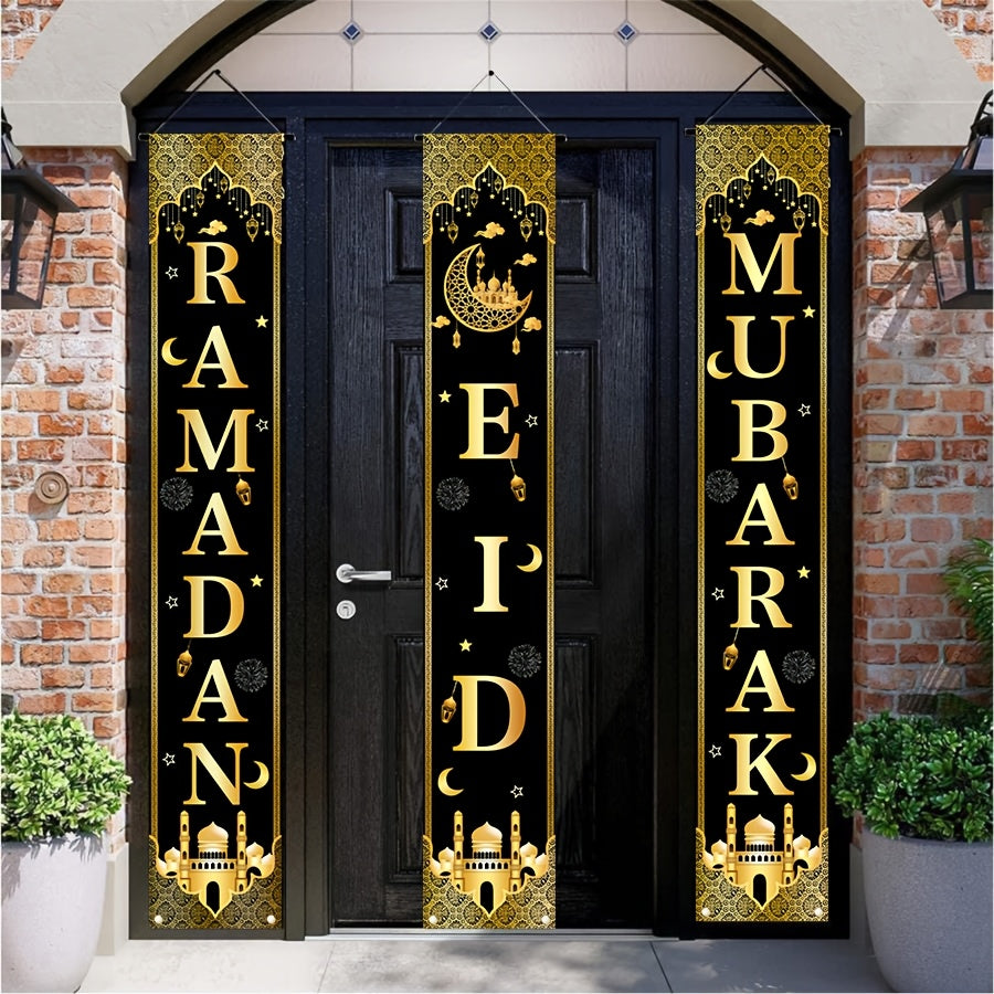 3-Piece Eid Mubarak Decor Set with Black & Golden Ramadan Door Banners featuring moon design, perfect for home & party decoration.