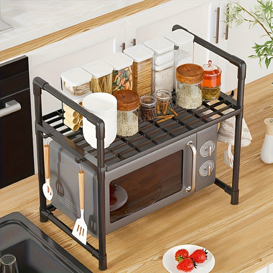 Ideal for countertop use, this adjustable kitchen storage rack is made of multi-tier carbon steel and features an open shelving organizer for your oven, rice cooker, and other kitchen appliances. The stand is designed with a mix of metal and plastic