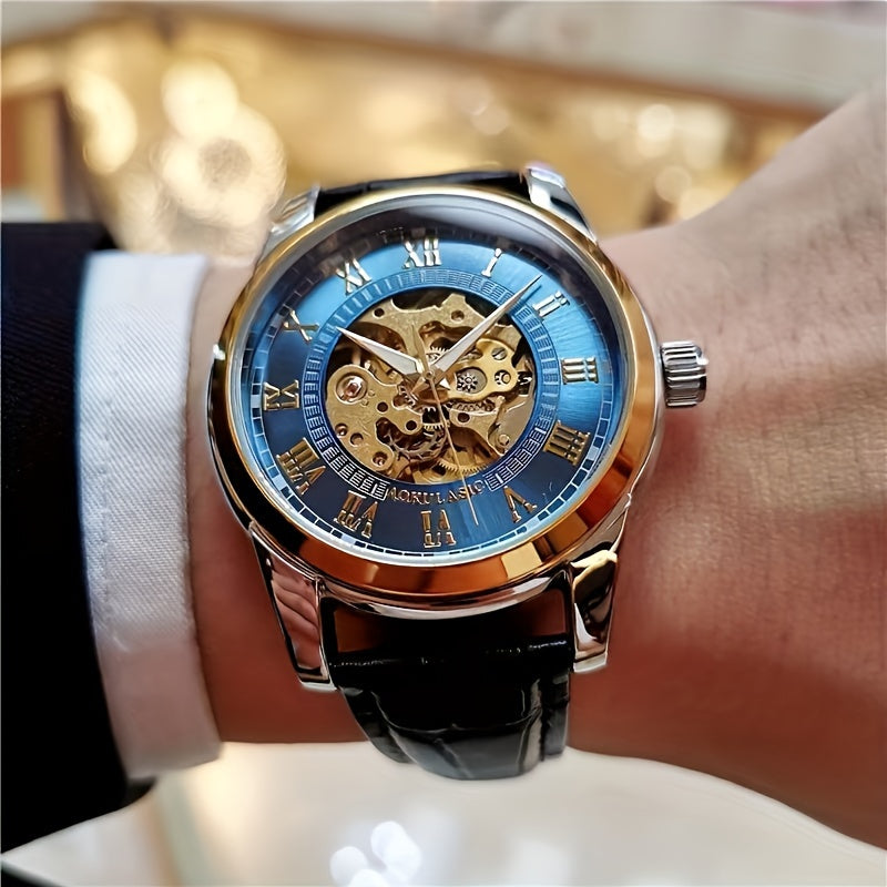 Elegant men's automatic mechanical watch with skeleton design, brown faux leather strap, self-winding. Ideal for business and casual wear, perfect gift for young men. Durable watch band