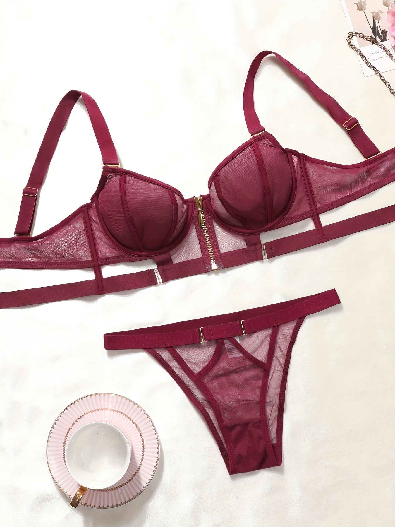 Seductive, ultra-thin mesh bra set.