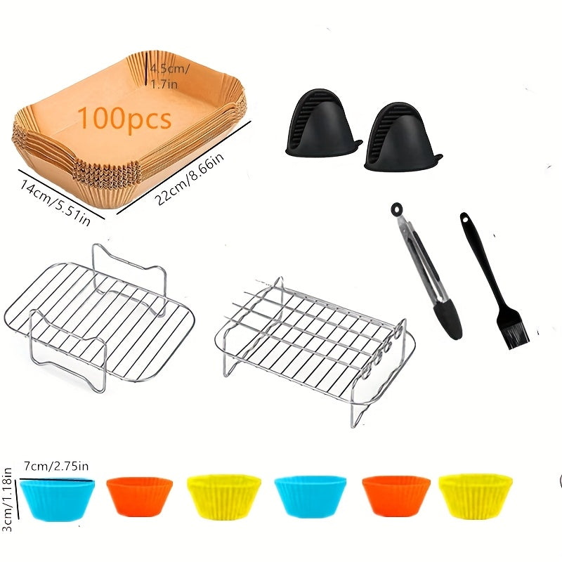 2 sets or 6 pieces of Stainless Steel Double-Layer Air Fryer Rack that can be used for various purposes, compatible with Ninja Air Fryer AF300/400/451UK, Towert17088...... Also includes 1 silicone food clip, 1 silicone oil brush, and 2 silicone gloves as