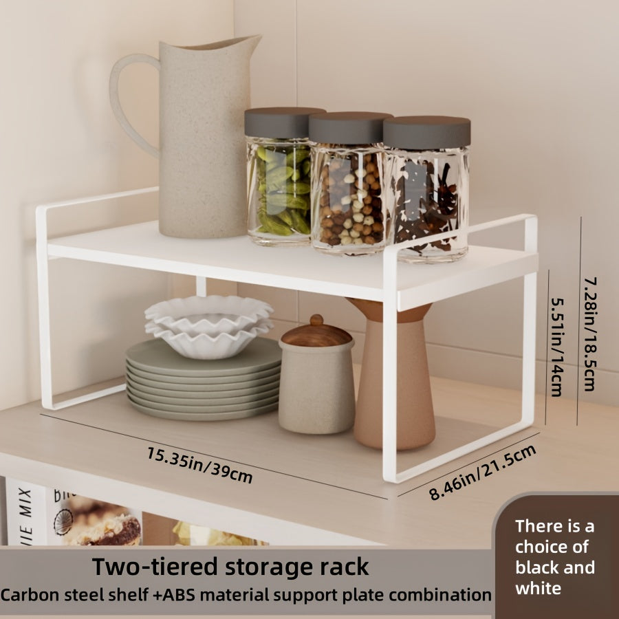 Multifunctional Double-Layer Kitchen Cabinet Rack made of Carbon Steel and ABS Material, Ideal for Seasoning, Soup Pots, Bowls, Countertop Storage.