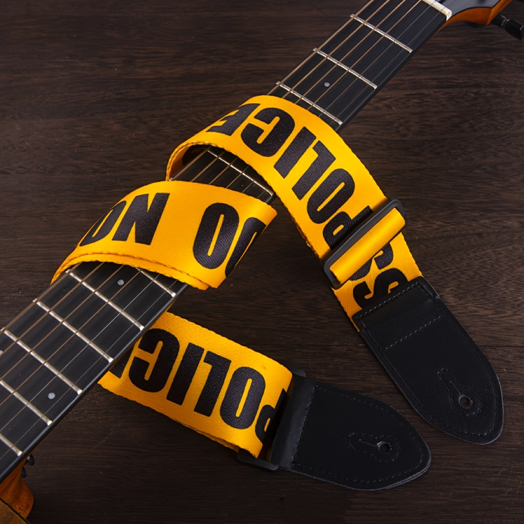 Durable, adjustable faux leather guitar strap in vibrant pink, yellow, and black patterns, suitable for acoustic, electric, and bass guitars.