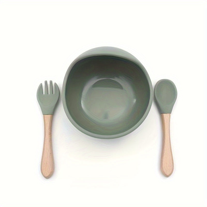 Set of 3 Food Grade Silicone Suction Bowls with Wooden Handle Spoon and Fork - Portable and Non-slip Tableware, Perfect for Halloween and Thanksgiving Day Gifts.