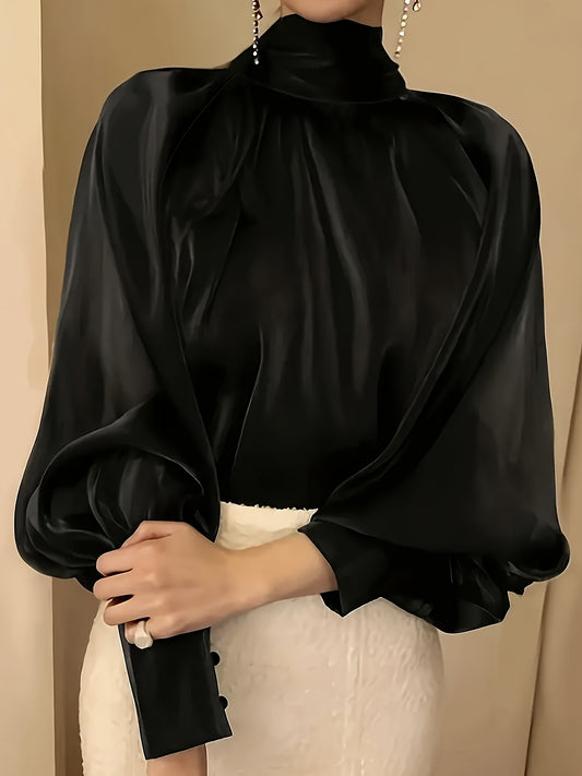 Stylish black satin blouse with lantern sleeves, high neckline, loose fit, and button detail in polyester fabric for women's fashion.