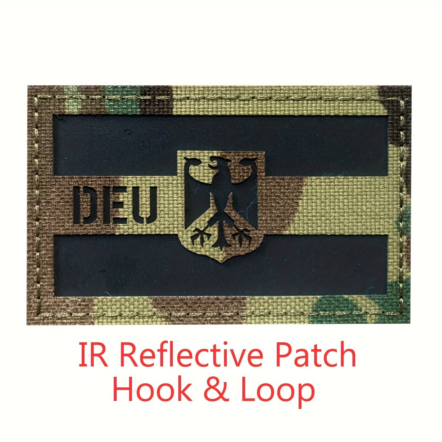 This Camouflage IR Reflective DEU Patch features an Infrared Reflection DEU Eagle Fastener Patch with Hook and Loop for easy attachment. This German Reflective Patch is ideal for adding Germany Morale Badges to Tactical Bags, Garments, Hats, and more. A