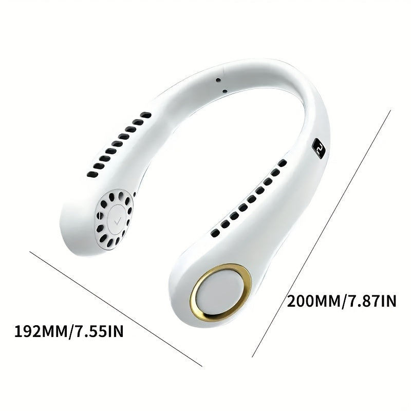 Stay cool and stylish with the JKUOO Portable Mini USB Fan. This fan features adjustable speed settings and comes in a sleek white and golden design. It is USB rechargeable and can be worn around the neck thanks to its silicone construction. Perfect for