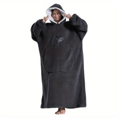 Ultra-Soft Polyester Knit Hoodie Blanket with Reversible Design and Apple Pocket - Oversized Wearable Fleece Robe for Couples, Ideal for Christmas & Halloween Gifts, Hand Wash Recommended