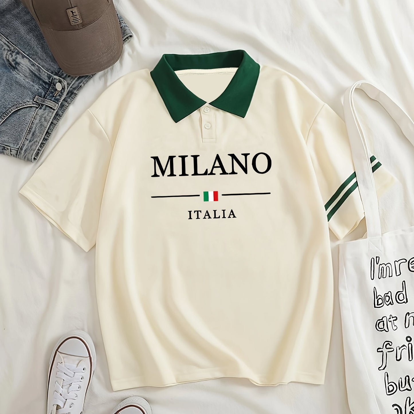 Milano Italy Graphic Polo Shirt for Women, Y2K Fashion Casual Tee, Polyester 95% Spandex 5% Knit Fabric, Geometric Pattern, Casual Sportswear