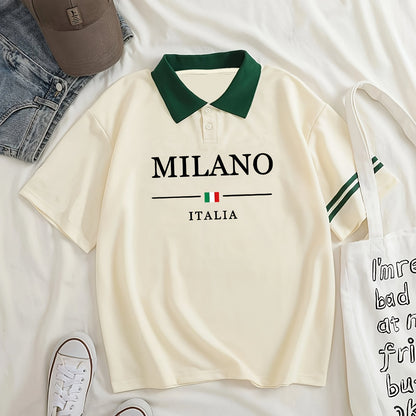 Milano Italy Graphic Polo Shirt for Women, Y2K Fashion Casual Tee, Polyester 95% Spandex 5% Knit Fabric, Geometric Pattern, Casual Sportswear