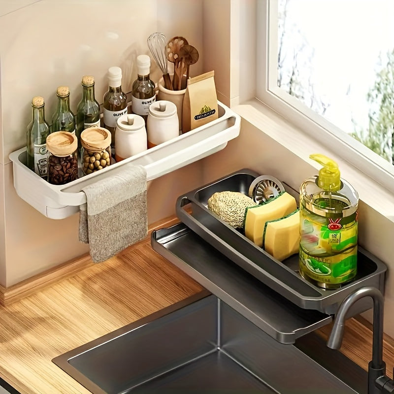 Keep your kitchen sponge organized and within reach with this convenient wall-mounted sink caddy. Includes a drip tray, dishcloth rack, and rustproof sponge storage rack for easy cleaning. Perfect for both kitchen and bathroom use, this holder is a