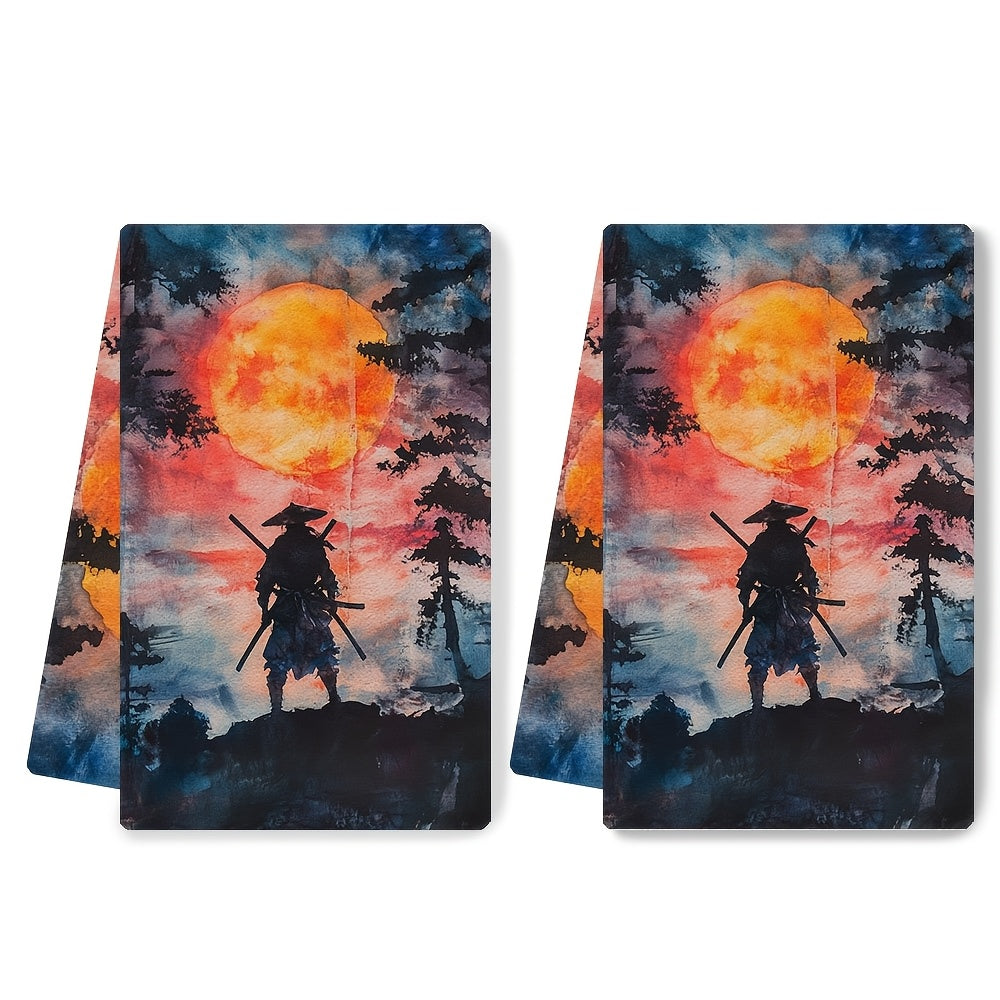 Set of 2 Ultra Soft Kitchen Towels featuring Sunset Samurai Design, Perfect for Drying Dishes - Highly Absorbent & Easy to Clean, Size 40.64x60.96 cm - Vibrant Japanese-Inspired Decor for Home & Kitchen, Dish Hand Towels