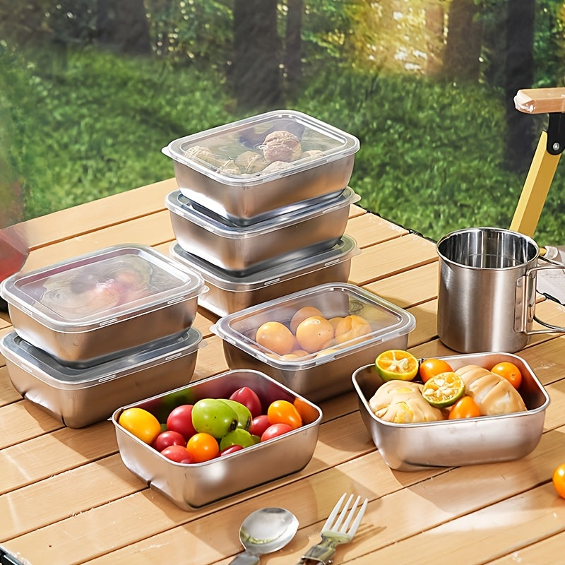 A set of 5 stainless steel food containers with lids, perfect for picnics, meal prep, fridge organization, and kitchen essentials, safe for food contact and does not require electricity.