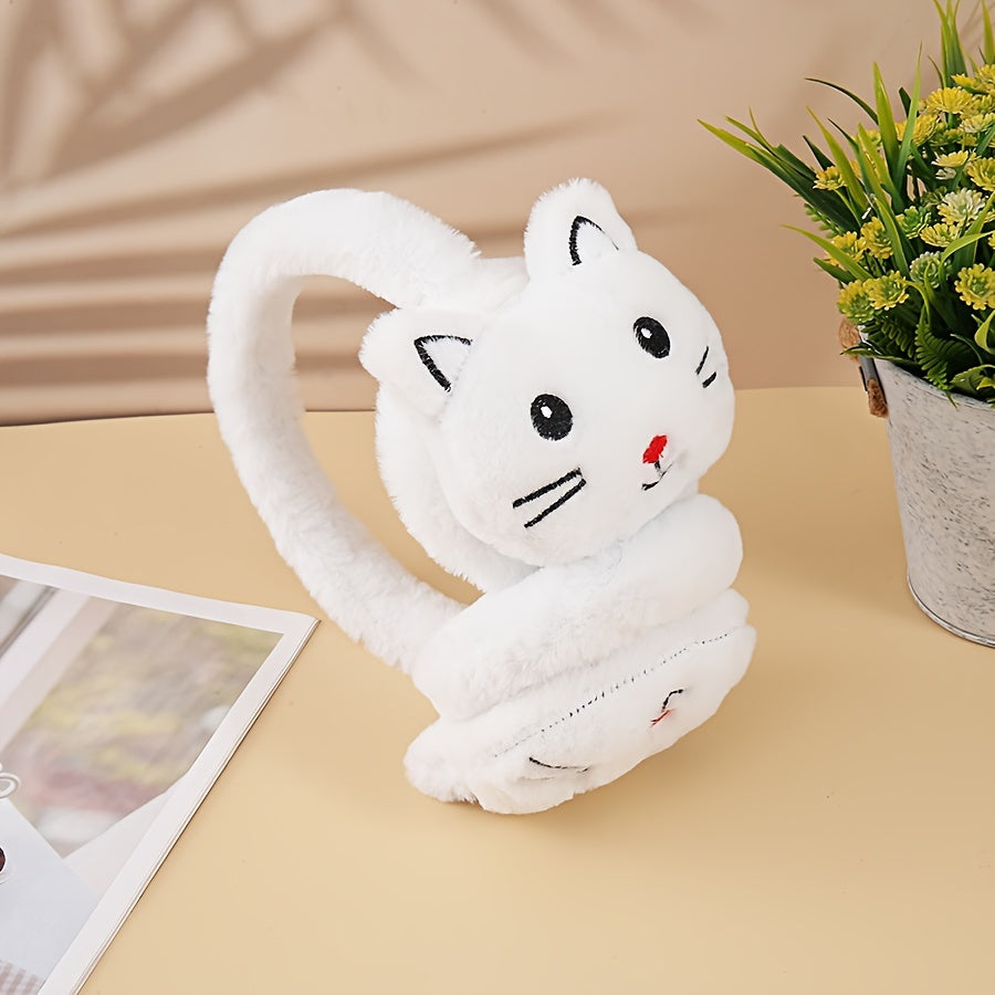 Adorable Plush Cat Ear Warmers, made of Polyester Stretch Knit, Hand Wash Only. Fun Cartoon Themed Ear Covers for Women, Stylish Winter Ear Protection