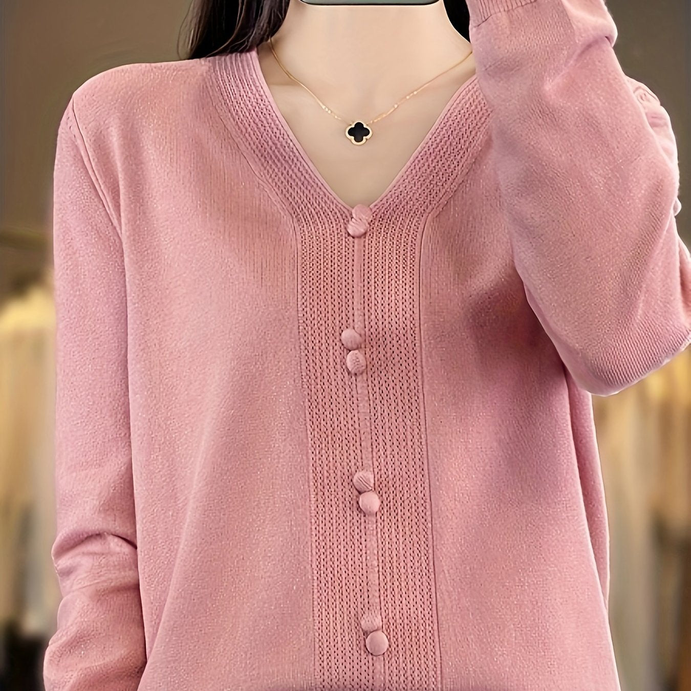 Oversized V-Neck Sweater with Button Accents