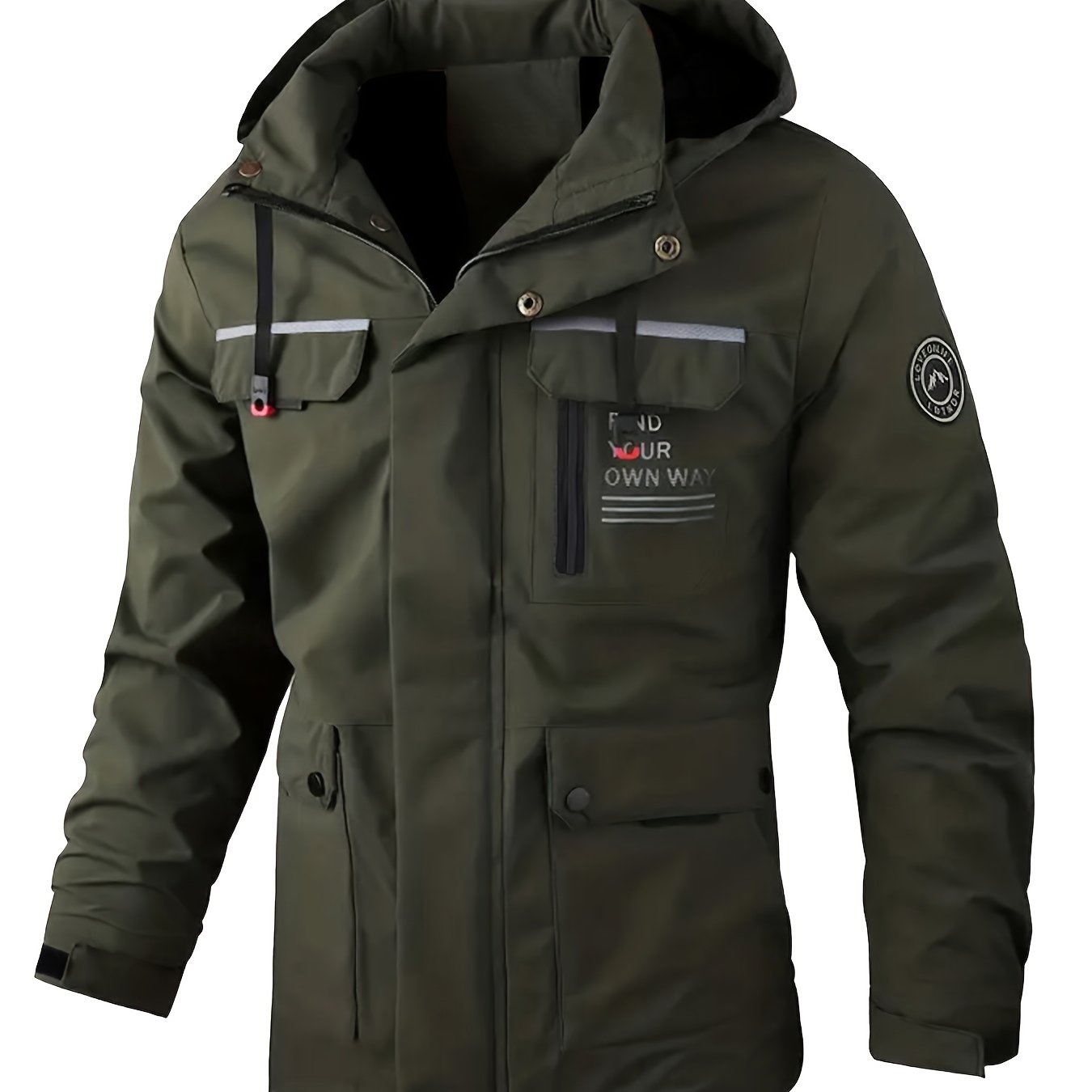 Black men's windproof, water-resistant jacket with logo design, multiple pockets, and comfortable polyester fabric. Suitable for cycling, running, and casual wear. Also available in plus