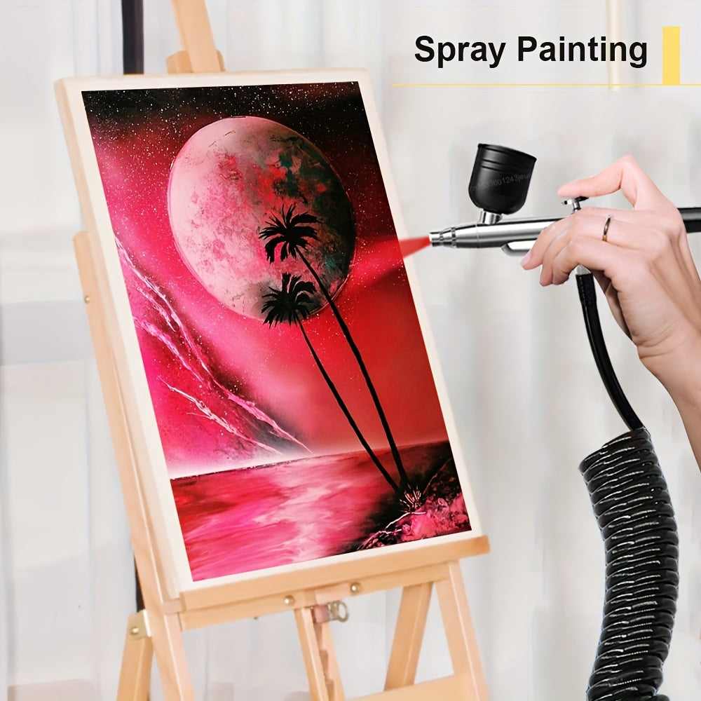 Portable, rechargeable airbrush kit with compressor and handheld gun for painting, art, and home decoration. Features 0.3mm tip.